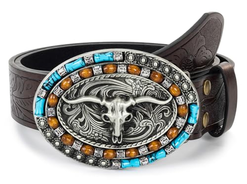 Western-Turquoise-Cowboy-Belt for Men Women with Longhorn Bull Buckle Belt for Jeans 5