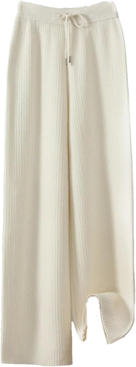 Women Merino Wool Wide Leg Knit Pants Soft Thick Trousers Elastic Waist Winter Lounge Bottoms