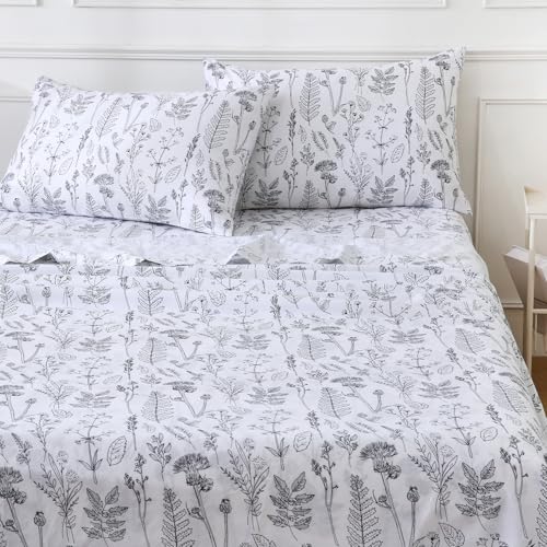 Image of 100% Natural Cotton Percale Sheets Set,King Size 4 PC, Breathable&Durable Hotel Quality Bedding, 16 inch Deep Pocket Botanical Floral Bedsheets,White