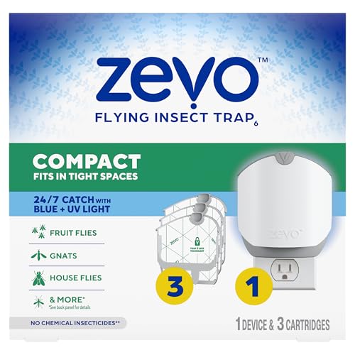 Zevo Compact Flying Insect Trap Kit with Refill Cartridges - Plug-in Indoor Bug Catcher for Gnats, House & Fruit Flies - Blue + UV Light Technology, No Odor, No Mess (1 Plug-in Device + 3 Cartridges)
