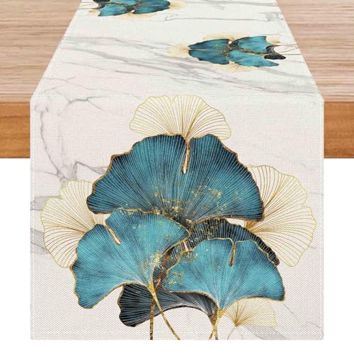 Avalune Camino de Mesa Hojas Verdes Invierno Decoración de Mesa Dorado Textura de Mármol Ginkgo Biloba Aspecto de Lino Moderno Lavable Decoración para Fiesta Reunión Familiar 40x180 cm