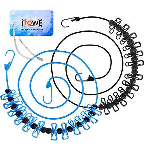 ITOWE 2Pack Portable Clothesline with 12 Pins, Travel Clothesline Stretchy Retractable Elastic Laundry