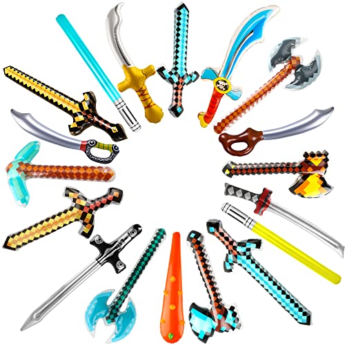 Construcción, Toy Cagemoga - Juego de 18 espadas inflables de píxeles para explotar sables de luz para hacha, hachas, hachas, espadas piratas para niños, Halloween, cosplay,...