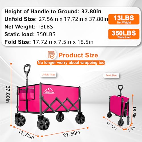 Image of Collapsible Folding Wagon Cart, 350LBS Utility Large Capacity Cart Foldable Wagon with All Terrain Wheels, Grocery Wagons Carts for Garden Shopping Sports Camping, Rose