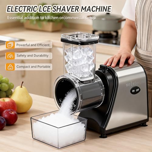 Image of Snow Cone Machine & Shaved Ice Machine, Crushed Ice Maker in Stainless Steel Metal Design with Ice Pick & Tray - Powerful Motor, Sharp Blades, Fast Ice Shaving for Home, Parties