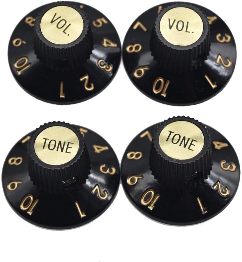 KAISH Set of 4 Witch Hat Knobs with Set Screw 1/4" Guitar Bass Knobs 2 Volume 2 Tone for 72 Telecaster Custom/Jazzmaster/Guitar Amplifiers Black with Gold Cap