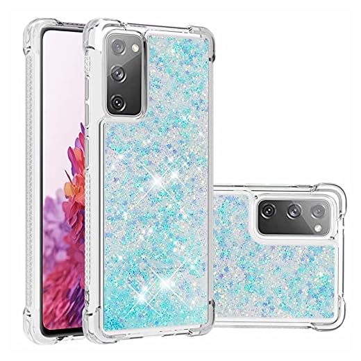 Lijc Samsung Galaxy S20 FE Fodral Glitter Flytande kvicksand Transparent av Four Corners Anti-Fall TPU Stötfångare Mjukt silikon Stötsäker Skydd-Silverblå Fempunktsstjärna
