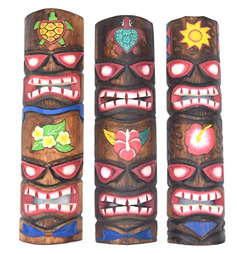 Interlifestyle 3 Tiki Totem Masques 50cm dans Hawaii Style 3er Set Masque en Bois Masque Mural Fleurs Tortue