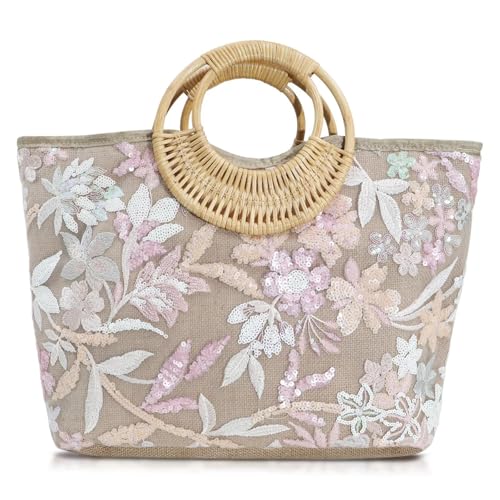 Bolso Tote para mujer con asas de bambú redondo miniatura 1