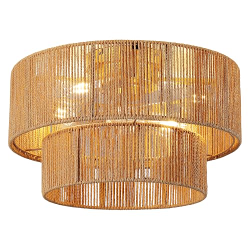 KAUDGHY Boho Fandelier Rattan Ceiling Fan with Light and Remote: Boho Fandelier 20 Inch Flush Mount Ceiling Fans With Lights,Ceiling Fan Low Profile for Bedroom Nursery Living Room Kitchen,E26 Base by KAUDGHY - Used condition - US$96.65