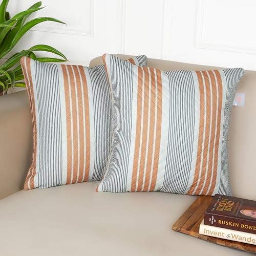 Image of STITCHNEST 'QuadraNest' Series Printed Quilted Velvet Cushion Cover 16x16 Inch Set of 2 | Premium Soft Fabric, Washable & Fade Resistant | Decorative Living Room Cushion Covers| Mustard & Grey Stripe