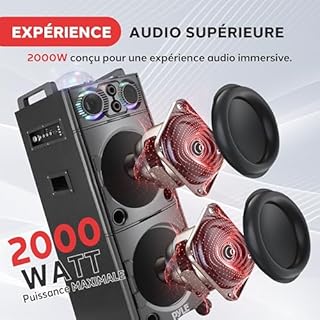 Pyle Enceinte Sono Bluetooth Portable 2000 W – Système PA Actif Sur Roues, Micro Inclus, Éclairage LED Festif, USB/SD/AUX/FM Radio, Lecteur Carte SD, Entrée RCA