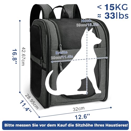 apollo walker HundeRucksack und KatzenRucksack für Kleine Haustiere(Belastbarkeit 2-15kg) - Gepolsterter Rückenstütze Hundetasche Atmungsaktiver Netz-Tierrucksack für Wandern, Reisen, Outdoor Grau