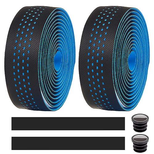 MOCNT 2 Piezas Cinta de Manillar de Bicicleta Carretera Ciclismo Cinta de Esponja EVA PU Cuero Bandas Autoadhesivas Antideslizante Transpirable con Tapón Extremo Barra Azul