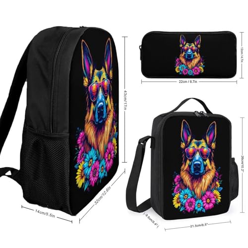 Colorful Dog Floral Sunglasses Backpack Set 3 Pieces Backpacks Lunch Bag Wallet For Travel Outdoor Sports2