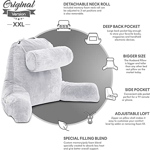 Husband Pillow XXL Light Grey Backrest with Arms Adult Reading Pillow