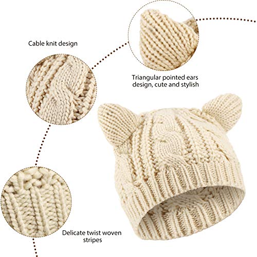 Cat Ear Beanie Hats Cute Cat Knitted Hat Winter Knit Cable Hat For Women Girls (Black And Beige, 2 Pieces) #TOP5