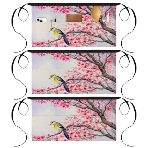 Lot tablier court de chef cuisine à poches imprimé oiseau branche en fleurs