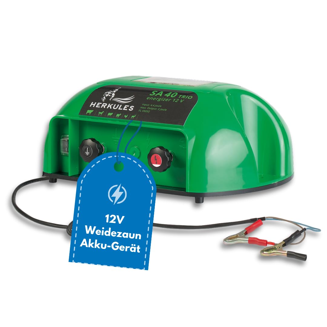 Herkules Weidezaungerät SA 40 - Flexibles 9V/12V/230V Trio-Gerät - Elektrozaungerät für bis zu 30 km Zaun - Mobiles Weidegerät mit 10000 V Leistung für Akku-, Batterie- und Netzbetrieb