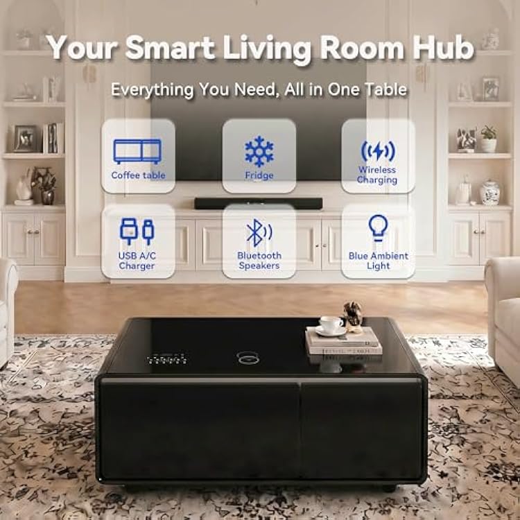 LIVTAB Smart Coffee Table, 23 D x 41.5 W x 18.1 H, Living Room Table with Built in Fridge and Speakers, Smart Table with 15W Wireless Charging, USB Chargers (Black)