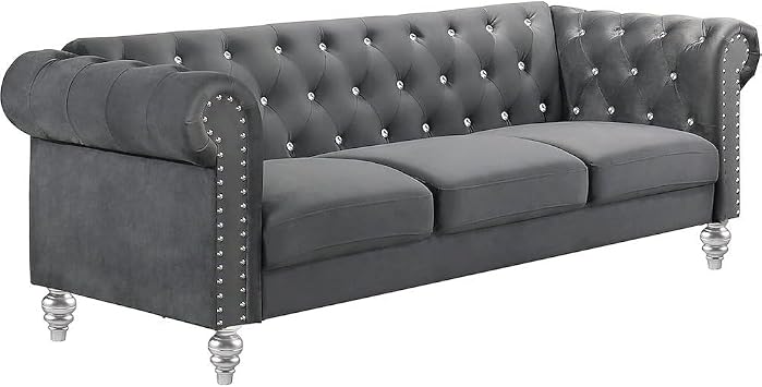 Starlight Canyon Home Velvet Fabric Sofa with Rolled Arms in Gray, Elegant Living Room Seating