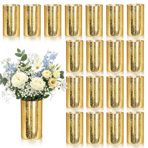Afarnook 20 Pcs 6 Gold Cylinder Vases for Centerpieces Mercury Vase Hurricane Vase Bulk Acrylic Round Wide Container for Flowers Home Office Wedding Table Decorations