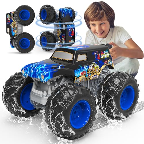 Monster Truck Télécommandé, 1:16 Voiture Télécommandée Enfant avec Éclairage, 360° Rotation, Conduite Inversée, Marche Debout, Voiture Radiocommandée Amphibie...