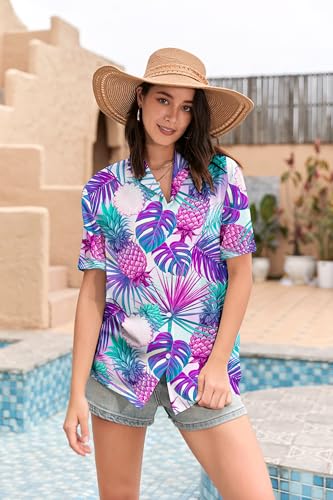 Image of SANGTREE Girls & Women's Hawaiian Shirts Button Down Short Sleeve Floral Tropical Shirt Beach Vacation Blouse Tops