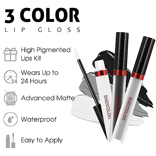 BADCOLOR 3 Colors Matte Liquid Lipstick Set, Black White Grey Halloween Makeup Lip Stain, Highly Pigmented Smudge Proof Waterproof Velvet Lip Gloss Set - Image 5