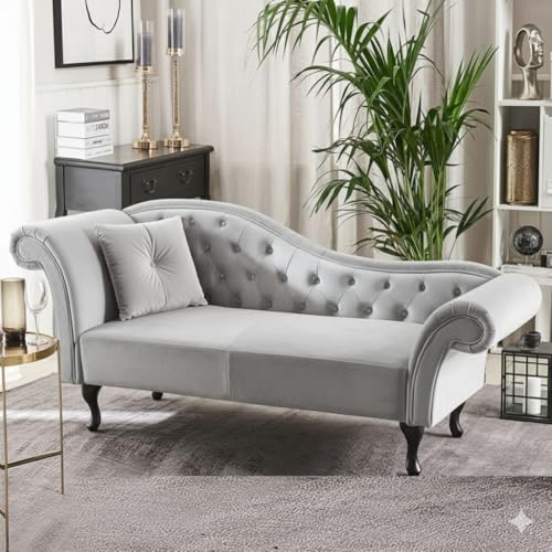 Image of Velvet Modern Chesterfield Chaise Lounge Couch 188 X 61 X 76 for Your Loving Space (Light Grey)