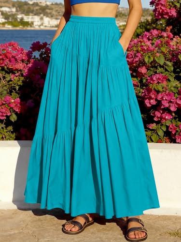 Image of ANRABESS Women's Boho Elastic High Waist Pleated A-Line Flowy Swing Asymmetric Tiered Maxi Long Skirt Dress with Pockets