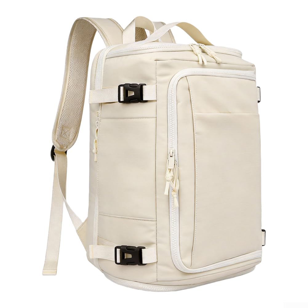 Mochila, 28-38L expandible, bolsa de senderismo para laptop con compartimento para zapatos y separación en seco húmedo, mochila de viaje Oxford ligera para gimnasio, camping, viajes (blanco)