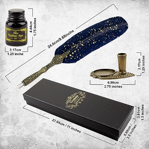 Image of Luxury Feather Quill Dip Pen Set with Stand & Blue Ink - Vintage Calligraphy Writing Kit with 2 Extra Nibs - Elegant Signature Pen Gift for Kids, Writers & Artists (Ink Feather Pen Blue)
