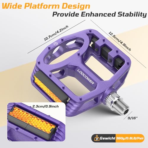 Fahrradpedale mit Reflektierenden Streifen, rutschfeste Mountainbike Fahrrad Pedale Aluminium Plattform 9/16'' Zoll Flachpedale für MTB… – Ansicht 2