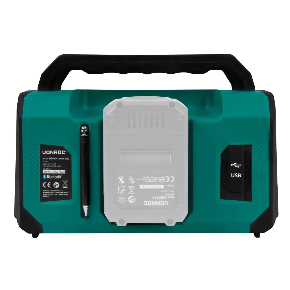 VONROC Radio de Chantier sans Fil 20V - Bluetooth, FM, USB, Haut Parleur, Enceinte - Port Bass-Reflex - Gamme de Fréquences Radio : 87,5 à 108MHz - Batterie & Chargeur Non Inclus