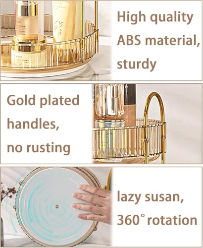 Image of Dravina 360 Rotating Makeup Organizer Rack| 3 Tier Standing Countertop Cosmetic Vanity Tray For Makeup, Skincare|Corner Rack For Bedroom,Bathroom (3 Layer- Amber (Rack) + Gold Rods)