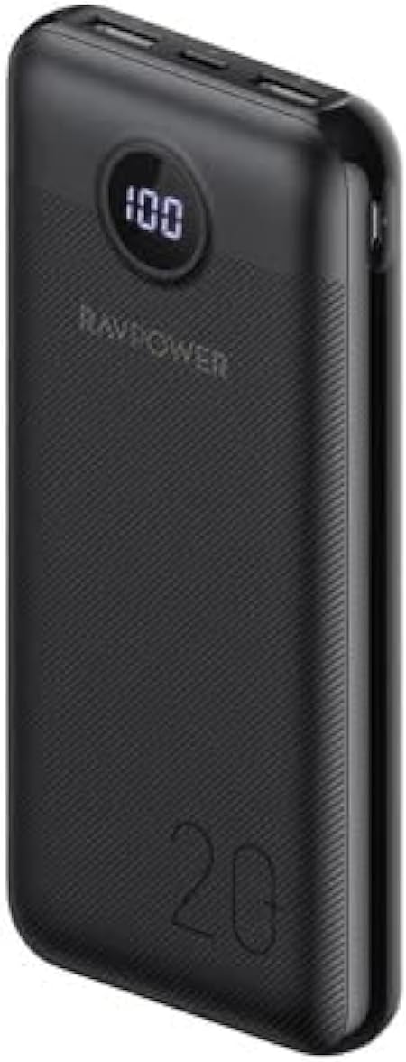 Banca Cumhachd RAVPower RP-PB1205 PD Pioneer 20000mAh, aghaidh view le taisbeanadh didseatach a’ sealltainn cosgais 100%.