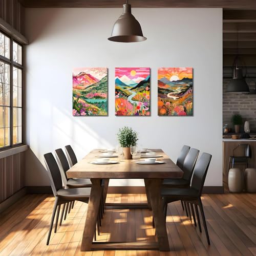 3Pcs Colorful Watercolor Mountain Canvas Wall Art Boho Floral Painting Picture Wall Decor Abstract Nature Landscape Poster Print Artwork for Living Room Bedroom Bathroom Office Home Decoration