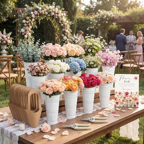 LEIFIDE Flower Bar Buckets Set Kit Bloom Bar Supplies Include Wood Sign Gift Bags Iron Bucket Garden Flower Shears for Wedding Bridal Shower Graduation Birthday Table Centerpieces(45 Pcs White)