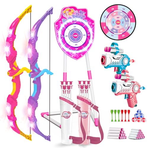 VATOS Lot de 2 jouets de tir à l'arc et aux flèches LED pour enfants de 5 à 12 ans, arc lumineux et cible à ventouse sirène, 73 cm, jeu de fléchettes pour...