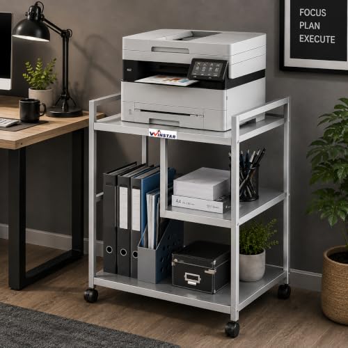 Image of WINSTAR Printer Stand, Solid & Sturdy, Modern Contemporary Look, Space Saving, Made in India (Silver, 3 Tier Split Shelf)