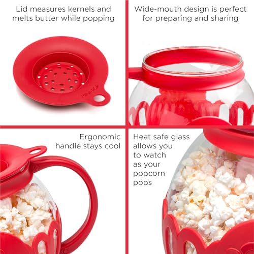 Image of Ecolution Patented Micro-Pop Microwave Popcorn Popper with Temperature Safe Glass, 3-in-1 Lid Measures Kernels and Melts Butter, Made Without BPA, Dishwasher Safe, 1.5-Quart, Red (Pack of 4)