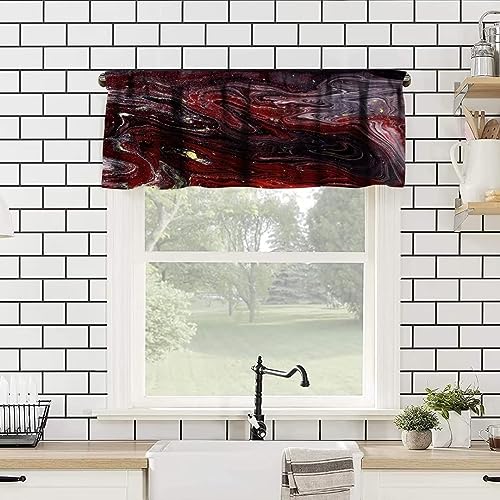 Image of Red and Black Marble Window Valance Curtain, Burgundy Maroon Gold Veins Unique Ombre Abstract Ink Texture Window Valances Treatments for Kitchen Living Room Cafe Decor 54'x18', 1 Panel