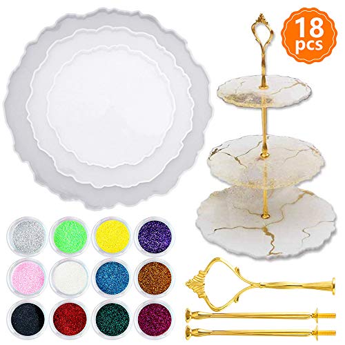 IVYSHION 3 Couches Plateau de Fruits Moule en Silicone Résine, 3Pcs Irrégulière Plateau Résine Moule + 12PCS Poudre à Paillettes, Moules Résine Silicone pour La Décoration DIY Artisanat