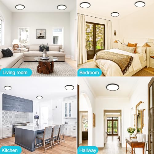 Image of libtit 7 inch Flush Mount LED Ceiling Light Fixture, 3000K-6500K Adjustable, 15W 1500lm Black Satin Round Ceiling Lamp for Bathroom Hallway Kitchen Bedroom, 6 Pack