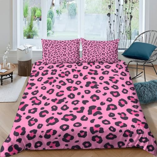 Housse de couette hypoallergénique léopard rose lit 2 places microfibre - 4