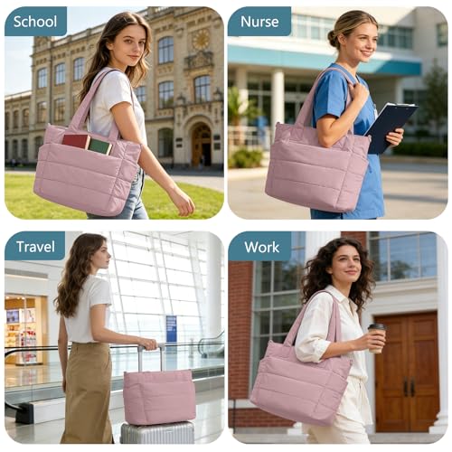Image of Puffer Tote Bag for Women Quilted Nurse Bag Lightweight Work Bag for Teacher Travel Handbag with Multiple Pockets