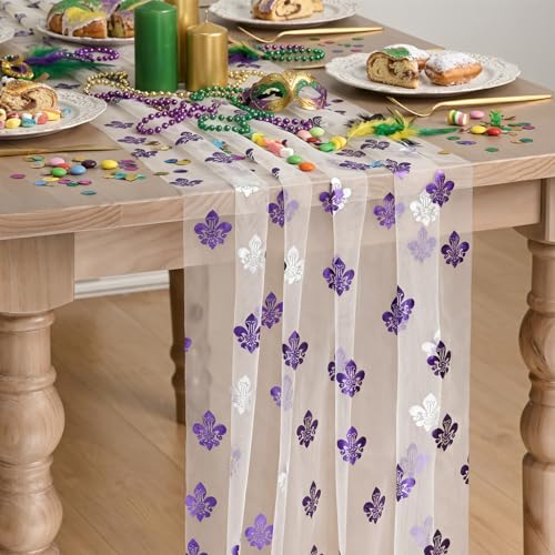 Artoid Mode Gauze Purple Iris Mardi Gras Carnival Table Runner 120 Inch 10FT,Seasonal Sheer Dining Holiday Baby Shower Table Decor for Home Party