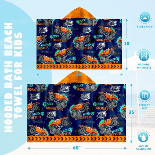 Image of Car Bath Towels Shower Wrap for Boys, Engineering Vehicle Boys Beach Towel with Hoodie for Kids Toddlers Age 4-8, Hooded Poncho Beach Blanket for Pool Swimming Cute Wearable Bath Towel for Child