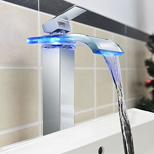 1001 Deck Mount Water Power Waterfall Bathroom Sink Faucet with Color Changing LED Lights Glass Spout, Polished Chrome …